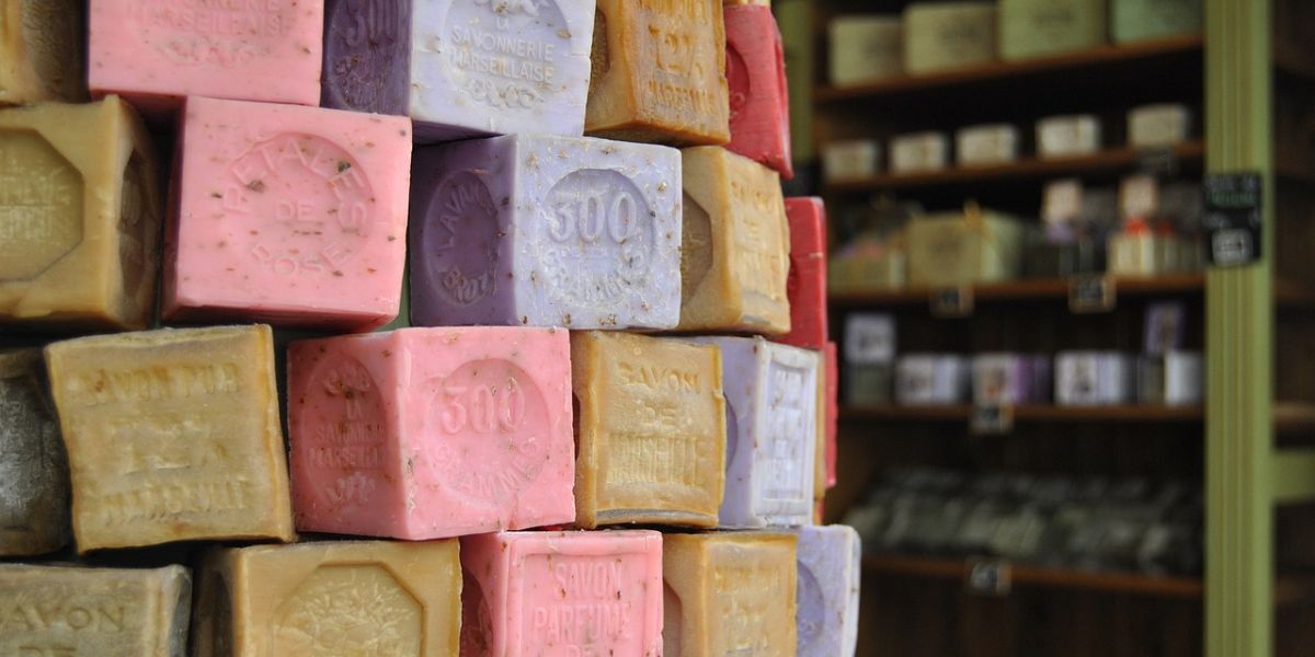 Various Marseille soaps in different colours and scents